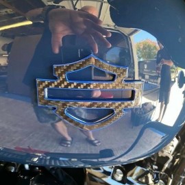 Black carbon with blue front outline tank emblems for Harley
