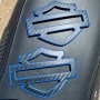 Black carbon with blue front outline tank emblems for Harley