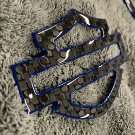 Black carbon with blue front outline tank emblems for Harley