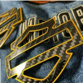 Black carbon with gold front outline tank emblems for Harley