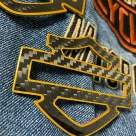 Black carbon with gold front outline tank emblems for Harley