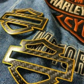 Black carbon with gold front outline tank emblems for Harley