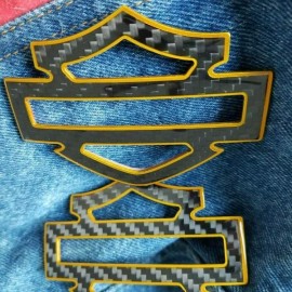 Black carbon with gold front outline tank emblems for Harley