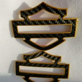 Black carbon with gold front outline tank emblems for Harley