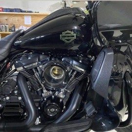 Black carbon with green front outline tank emblems for Harley