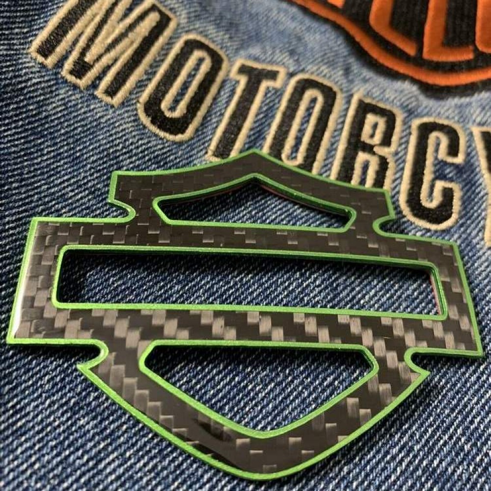 Black carbon with green front outline tank emblems for Harley