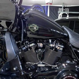 Black carbon with green front outline tank emblems for Harley