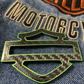 Black carbon with green front outline tank emblems for Harley