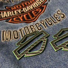 Black carbon with green front outline tank emblems for Harley