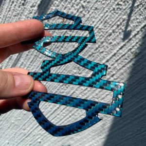 Blue carbon with blue edges tank emblems for Harley